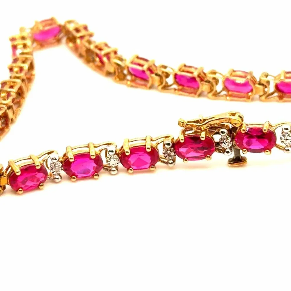 Lovely 10K Gold Syn. Rubies /Diamond Accent Tennis Bracelet‎